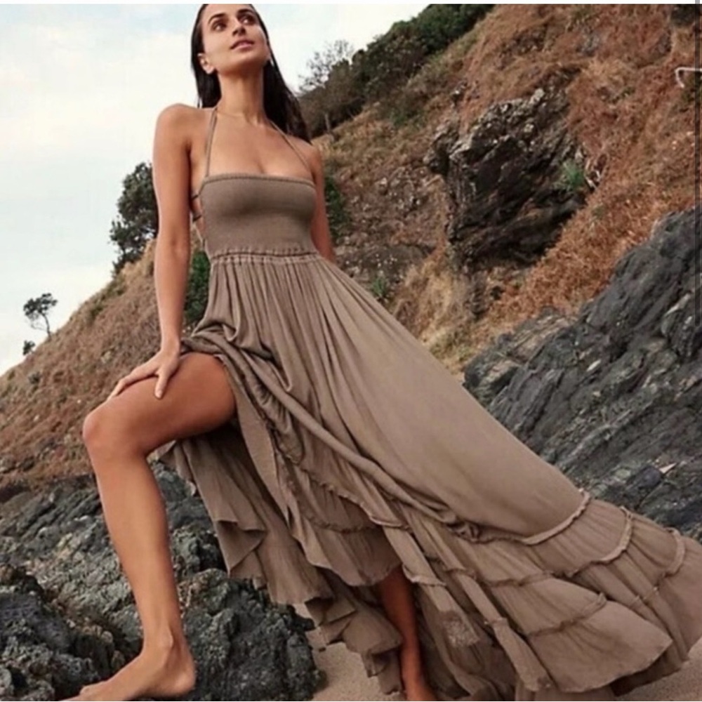 Smocked Bandeau High-Low Maxi Dress in Taupe